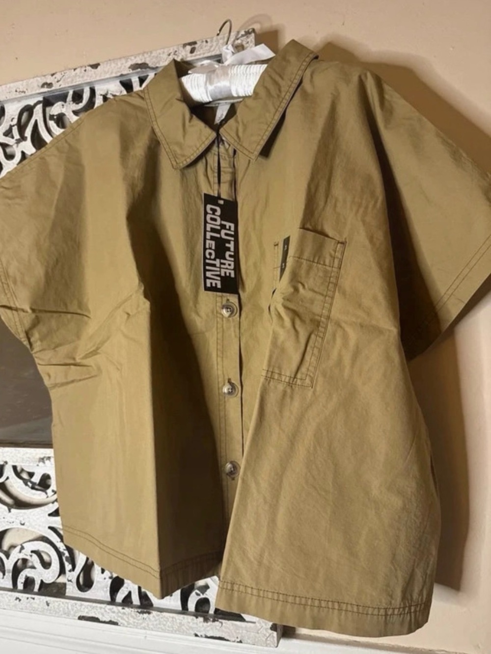 Women 100% Cotton Short-Extended Sleeves  Button-Up Shirt in Khaki